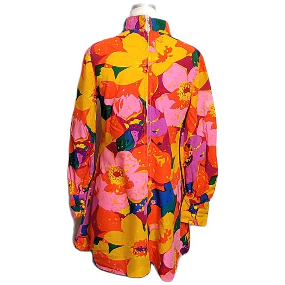 Neon Mod Mini Dress Handmade Bright Floral Long Sleeves Size Small Med Vintage - Picture 9 of 9
